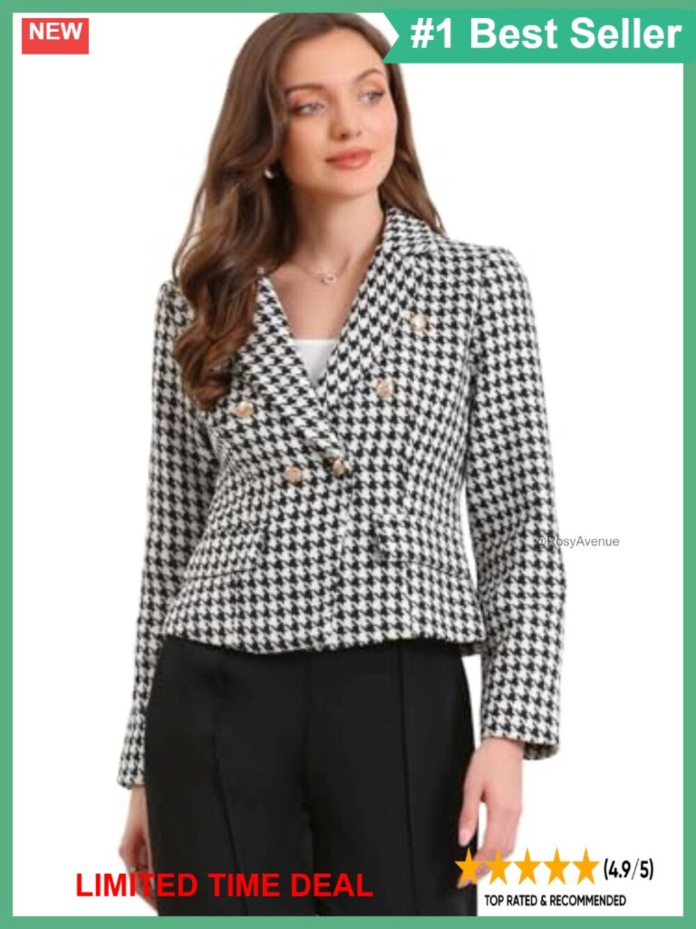 Houndstooth Cropped Blazer Notch Lapel Business Casual Jacket